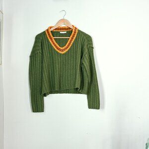 Knit Crop Ribbed Green and Yellow V-Neck Collegiate Sweater